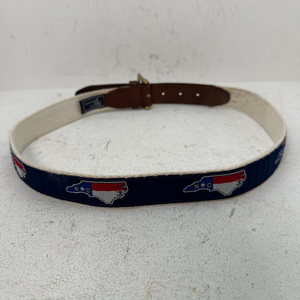 State Traditions North Carolina Flag Ribbon Belt Mens Navy Blue Leather Trim USA